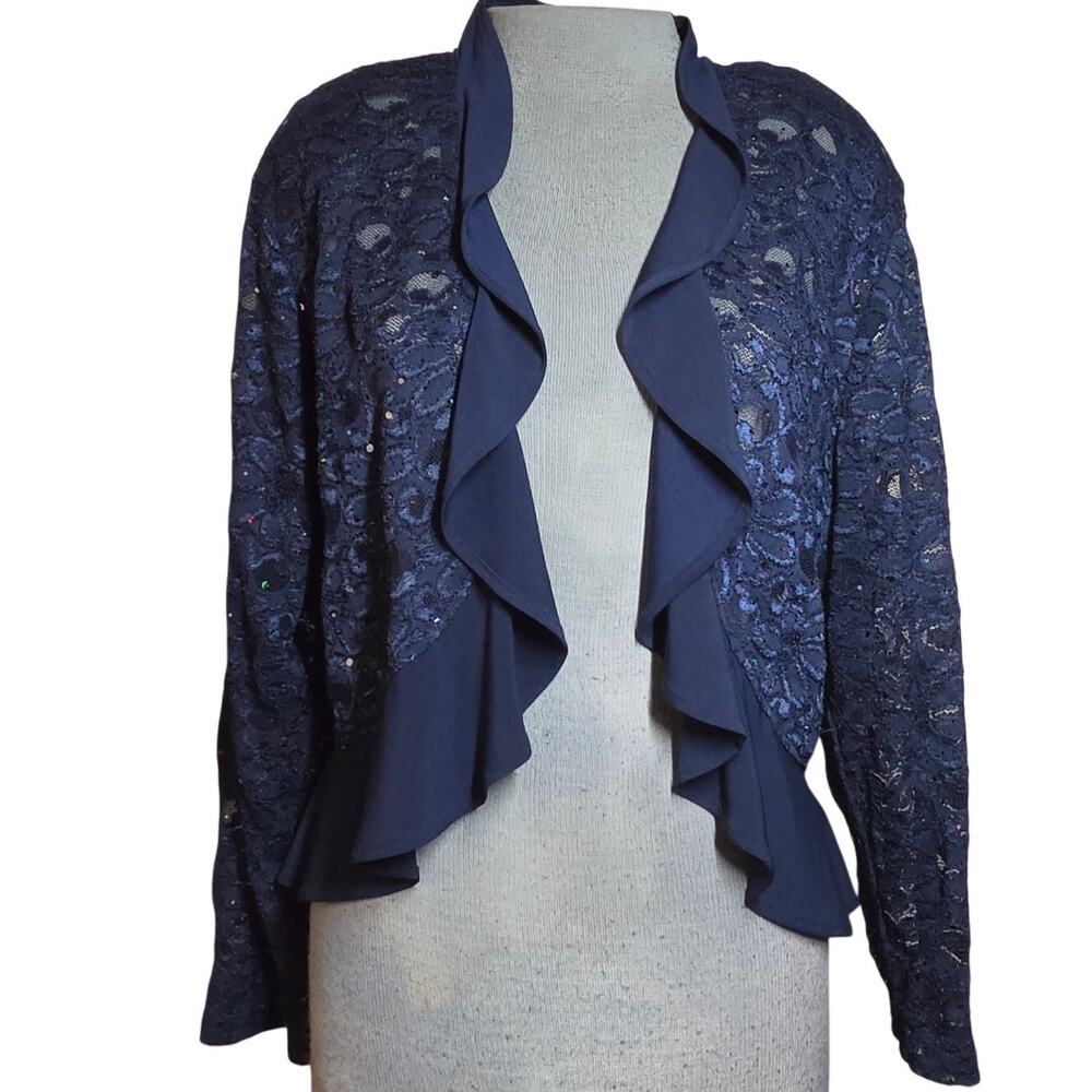 Navy Blue Sequin Lace Open Front Blouse Size 16